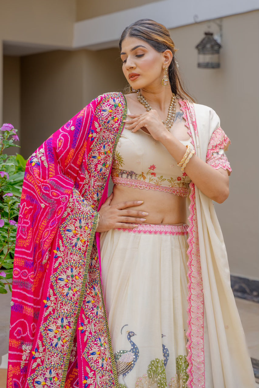 Rani Pure Ojariya Bandhej Chunari with Zardozi Sequins Kardana Thread Lotus Motif Work