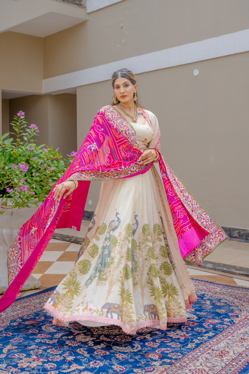 Rani Pure Ojariya Bandhej Chunari with Zardozi Sequins Kardana Thread Lotus Motif Work