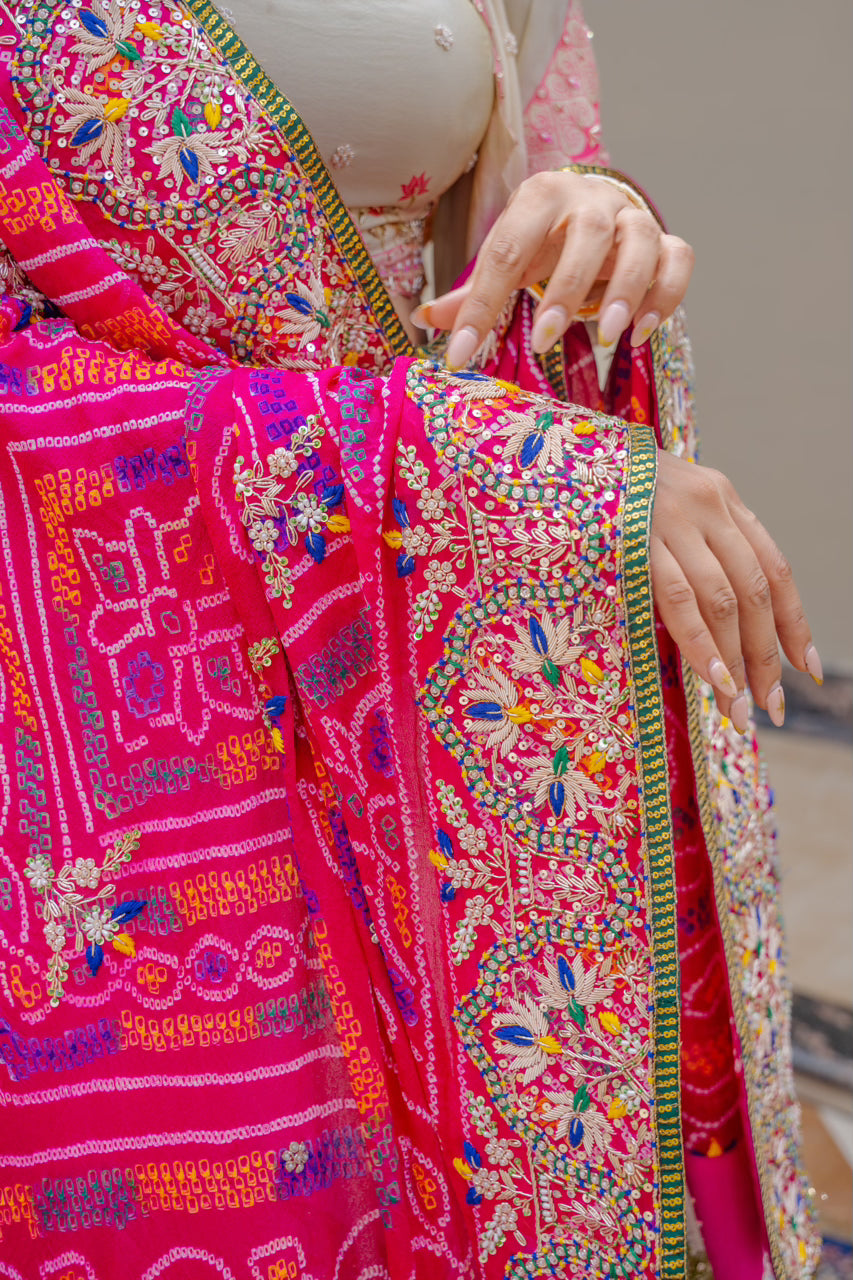 Rani Pure Ojariya Bandhej Chunari with Zardozi Sequins Kardana Thread Lotus Motif Work