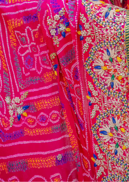 Bridal Dupatta - Rani Pink Bandhej Zardozi Lotus | Wedding Chunari