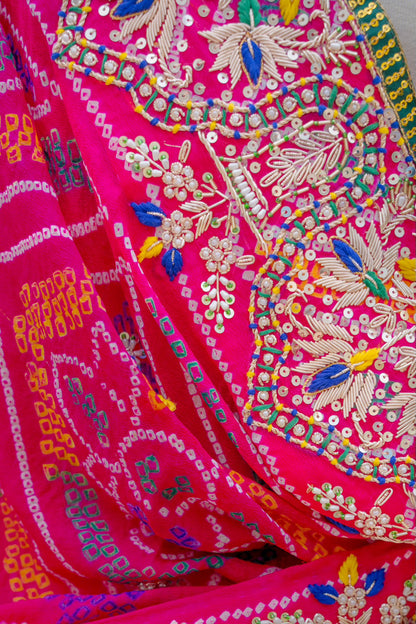 Bridal Dupatta - Rani Pink Bandhej Zardozi Lotus | Wedding Chunari