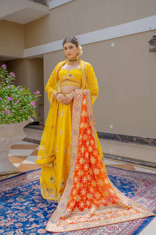 Red Gajji Silk Bandhej Chunari with Zardozi Sequins Thread Peacock Elephant Mehrab Motif Work