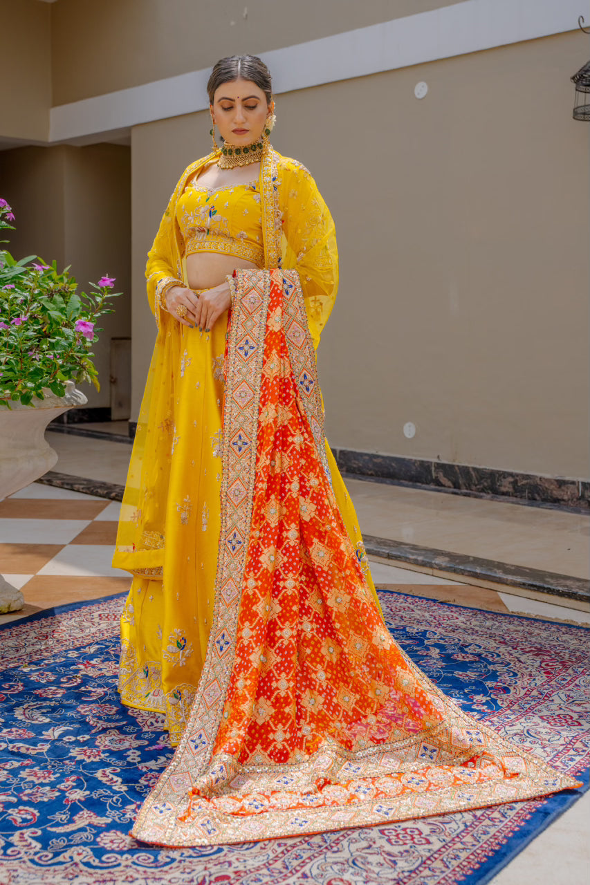 Red Gajji Silk Bandhej Chunari with Zardozi Sequins Thread Peacock Elephant Mehrab Motif Work