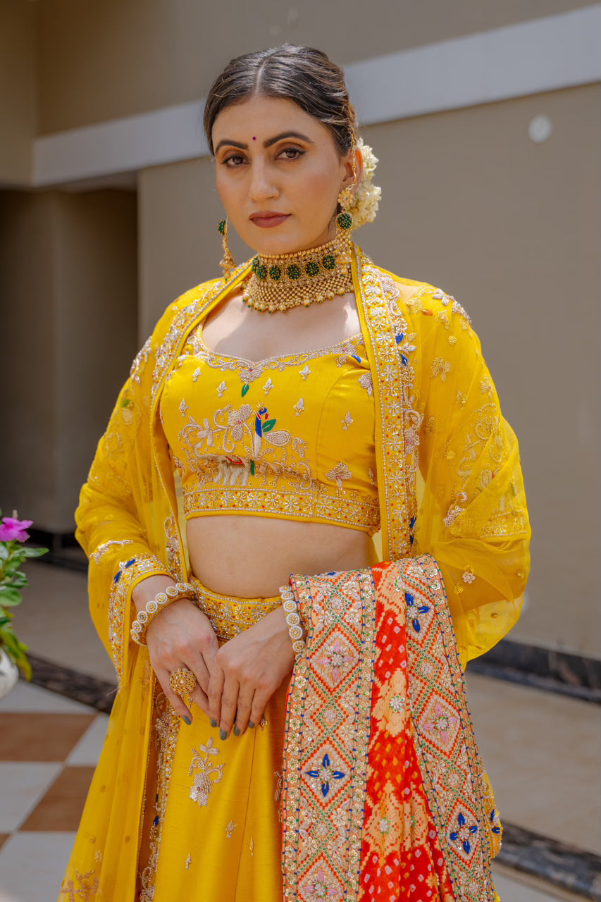 Red Gajji Silk Bandhej Chunari with Zardozi Sequins Thread Peacock Elephant Mehrab Motif Work