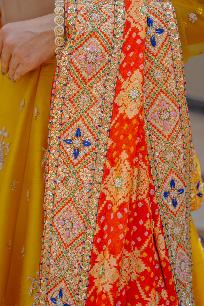 Red Gajji Silk Bandhej Chunari with Zardozi Sequins Thread Peacock Elephant Mehrab Motif Work