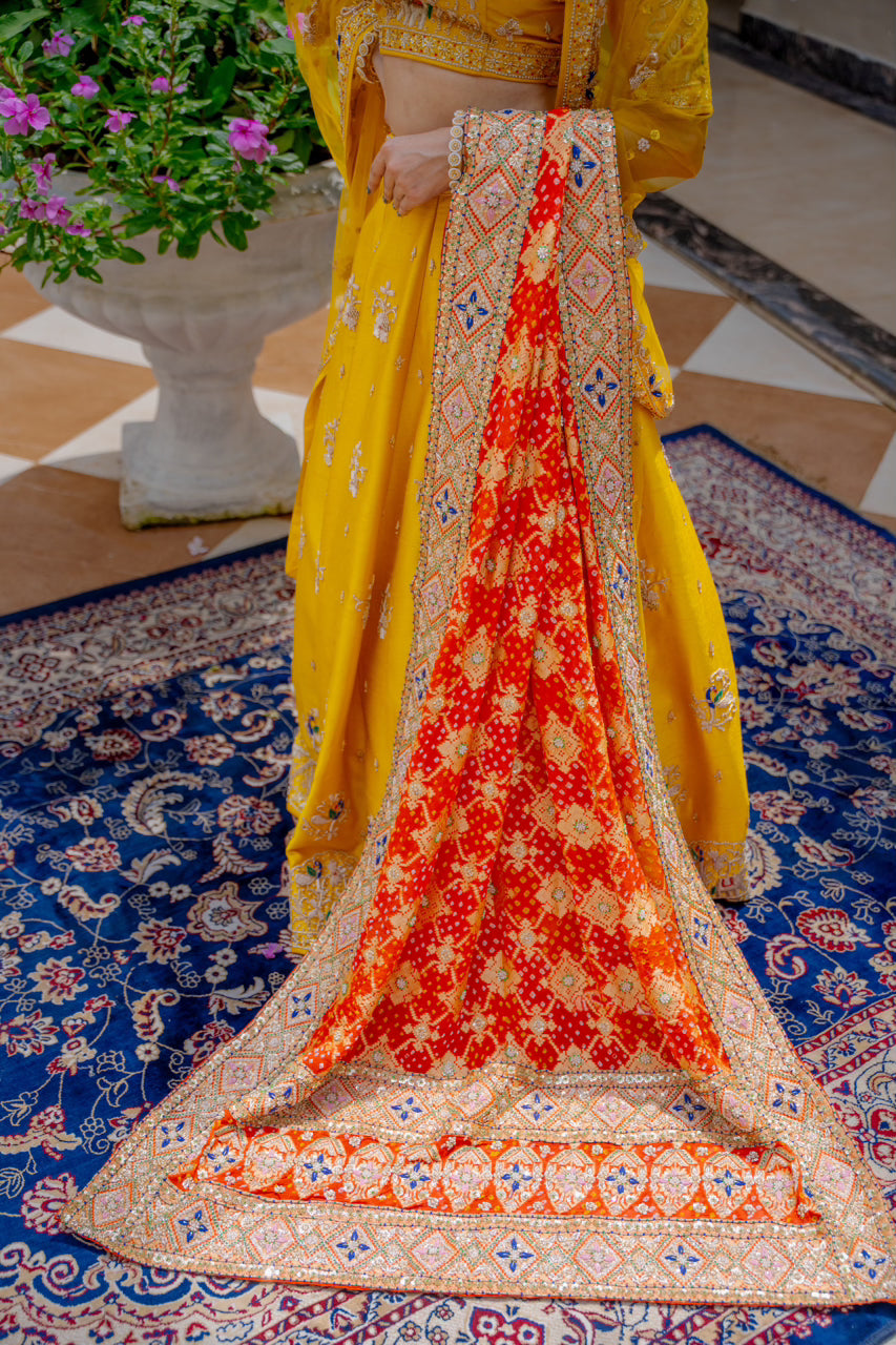 Red Gajji Silk Bandhej Chunari with Zardozi Sequins Thread Peacock Elephant Mehrab Motif Work