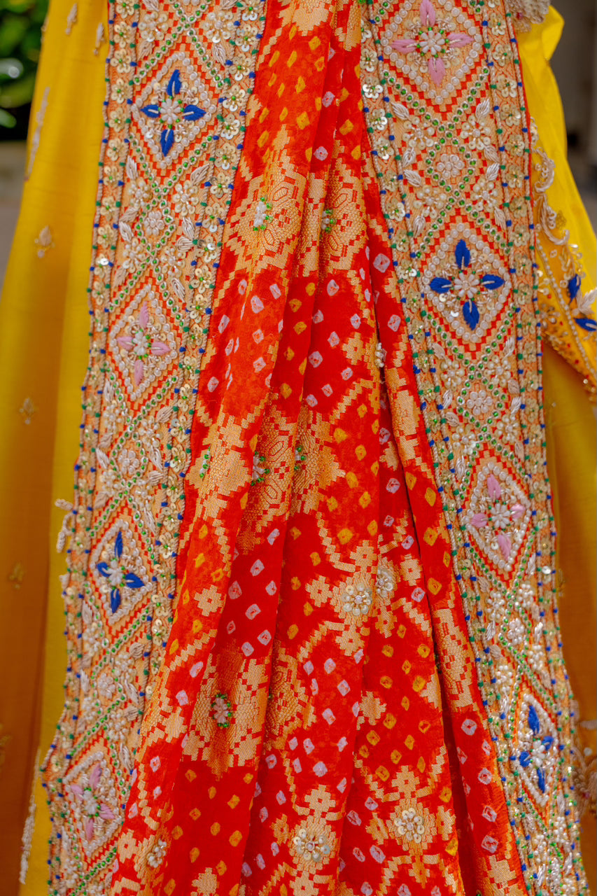 Red Gajji Silk Bandhej Chunari with Zardozi Sequins Thread Peacock Elephant Mehrab Motif Work