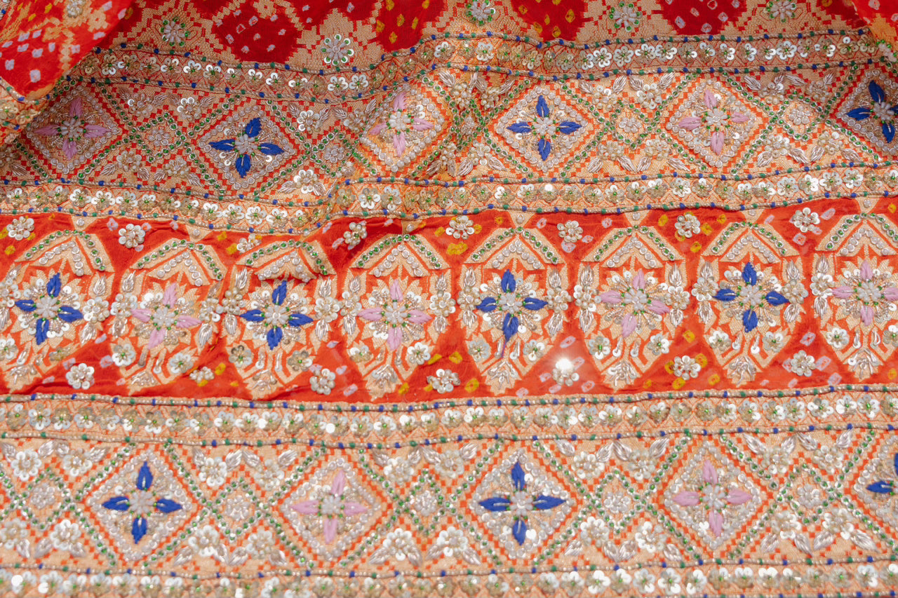 Red Gajji Silk Bandhej Chunari with Zardozi Sequins Thread Peacock Elephant Mehrab Motif Work