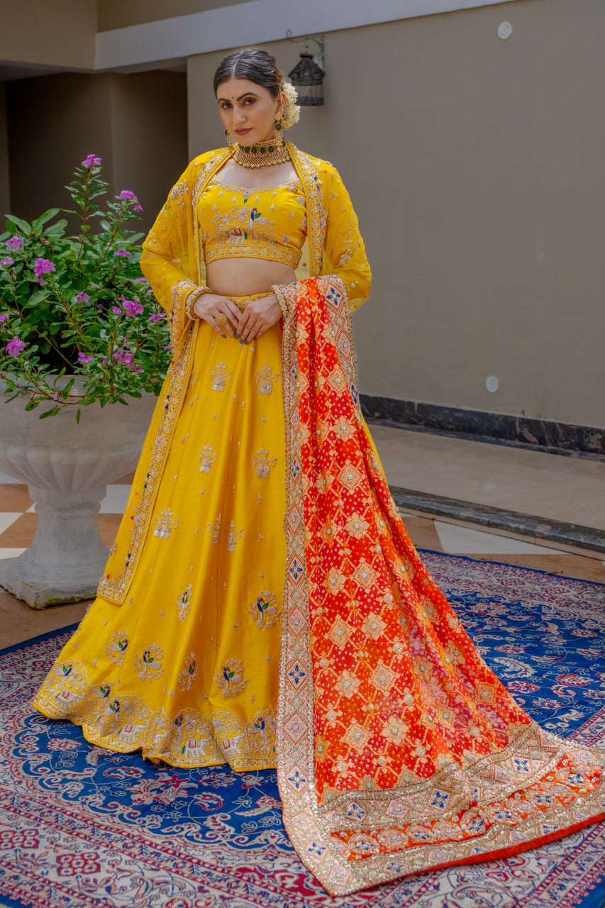 Red Gajji Silk Bandhej Chunari with Zardozi Sequins Thread Peacock Elephant Mehrab Motif Work