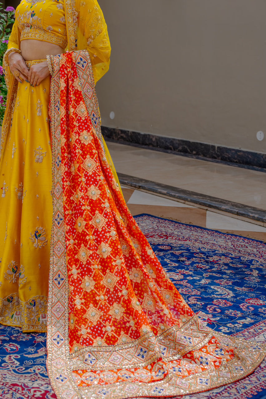 Red Gajji Silk Bandhej Chunari with Zardozi Sequins Thread Peacock Elephant Mehrab Motif Work