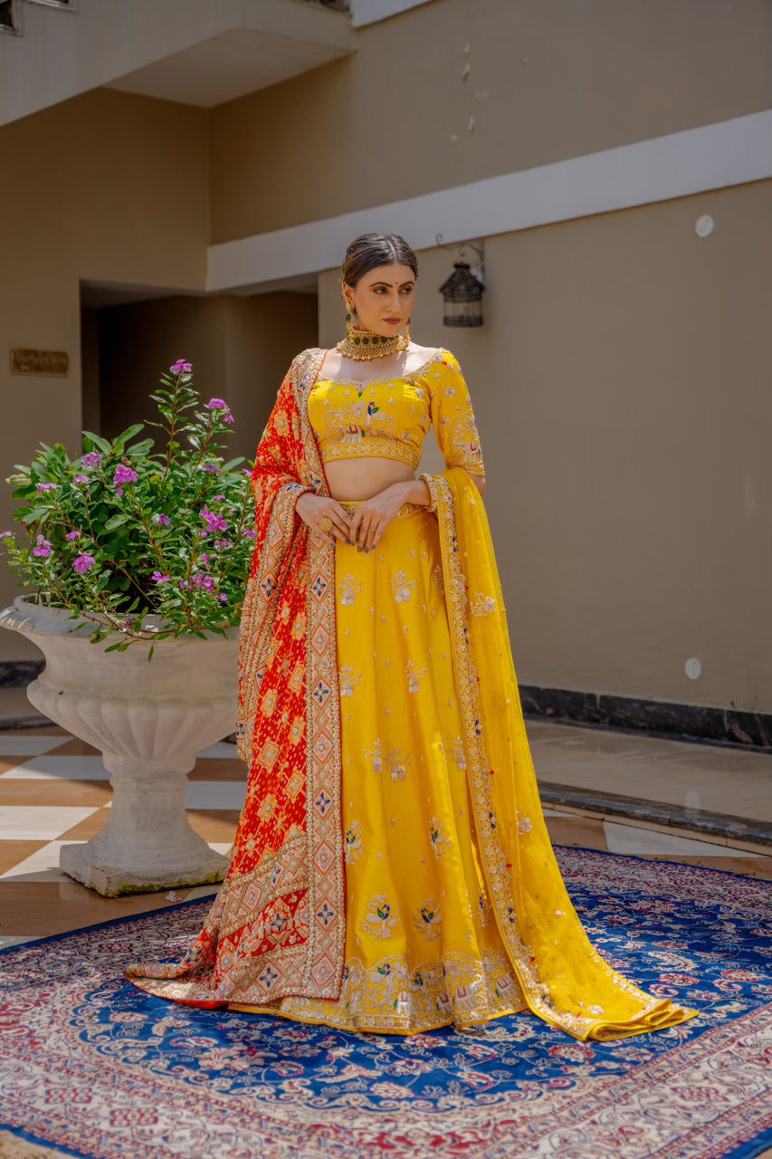 Red Gajji Silk Bandhej Chunari with Zardozi Sequins Thread Peacock Elephant Mehrab Motif Work