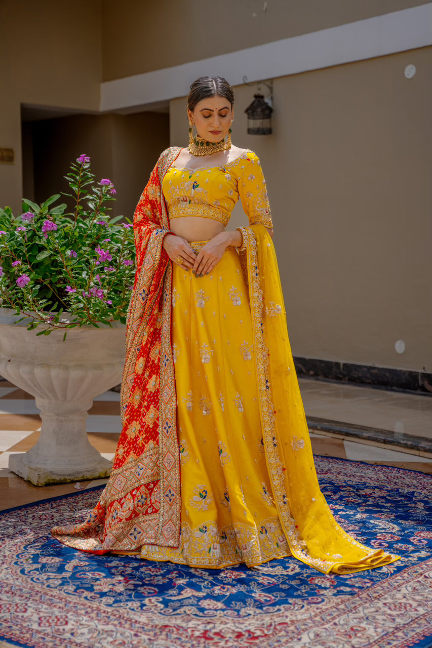 Red Gajji Silk Bandhej Chunari with Zardozi Sequins Thread Peacock Elephant Mehrab Motif Work