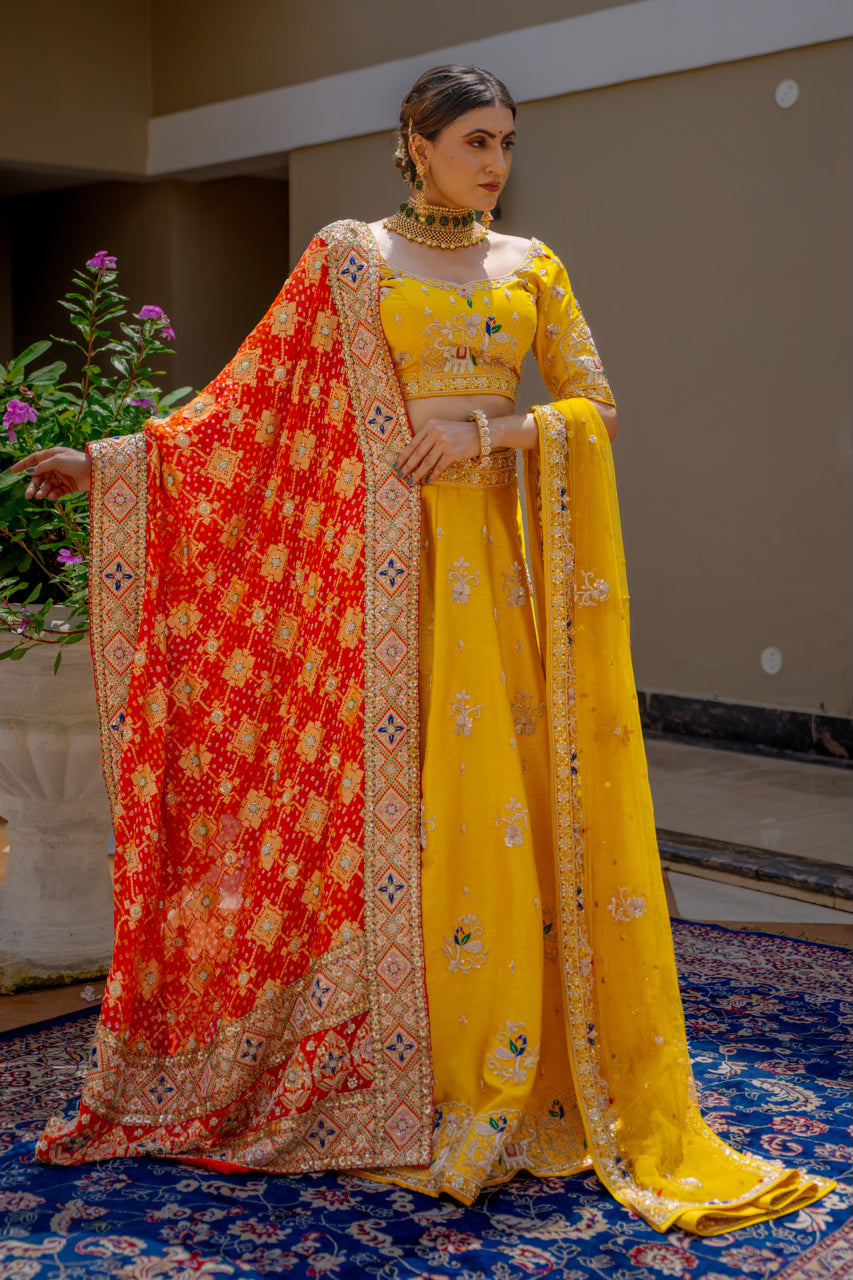 Red Gajji Silk Bandhej Chunari with Zardozi Sequins Thread Peacock Elephant Mehrab Motif Work