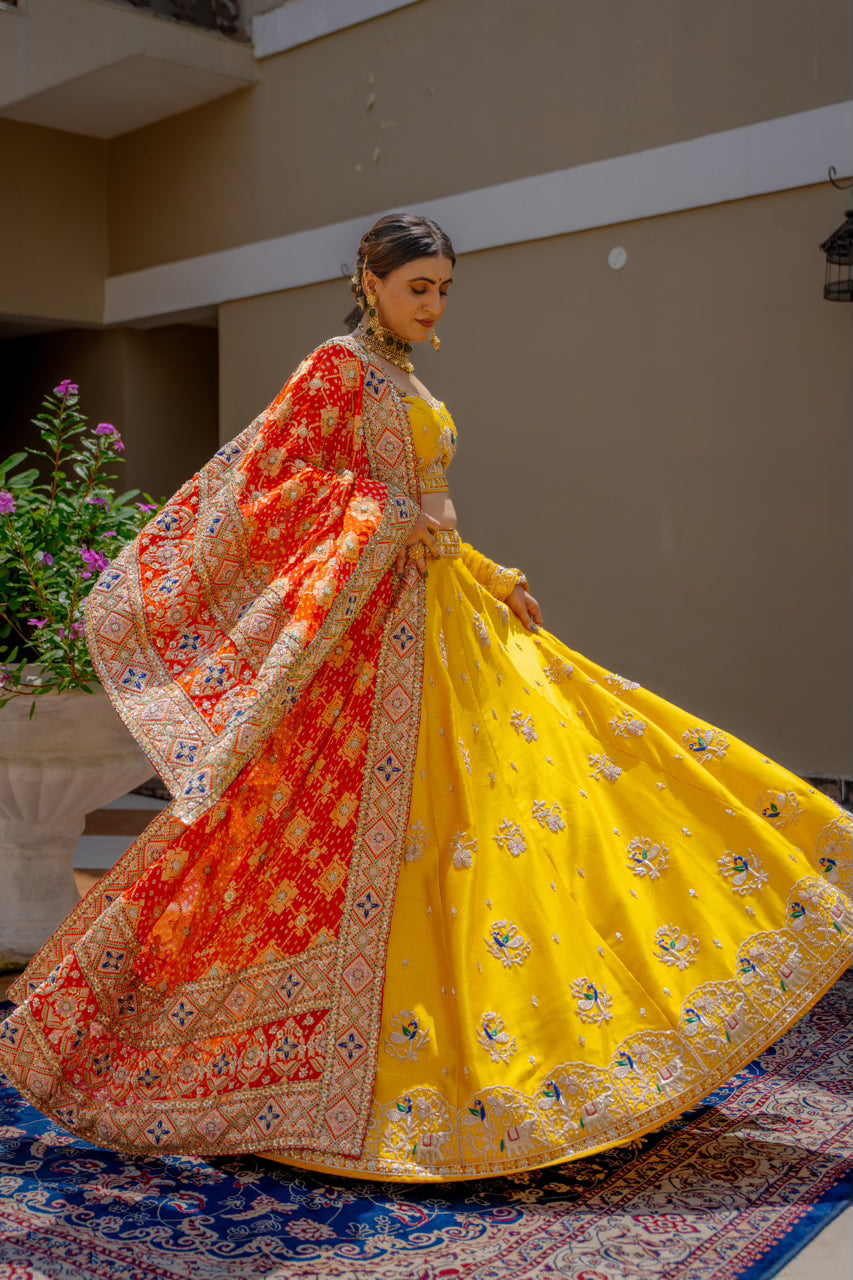 Red Gajji Silk Bandhej Chunari with Zardozi Sequins Thread Peacock Elephant Mehrab Motif Work