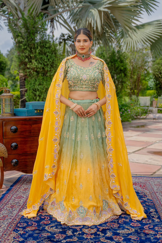 Olive Mustard Tissue Jacquard Lehenga with Zardozi Sequins Work