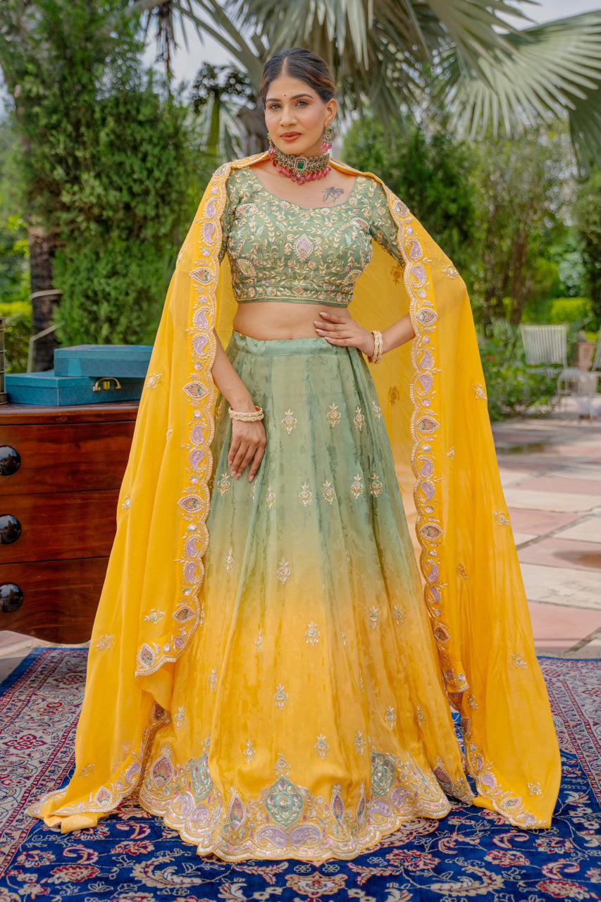 Olive Mustard Tissue Jacquard Lehenga with Zardozi Sequins Work