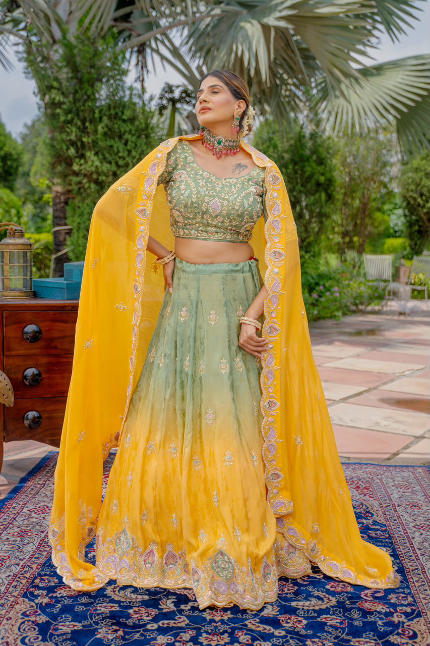Olive Mustard Tissue Jacquard Lehenga with Zardozi Sequins Work