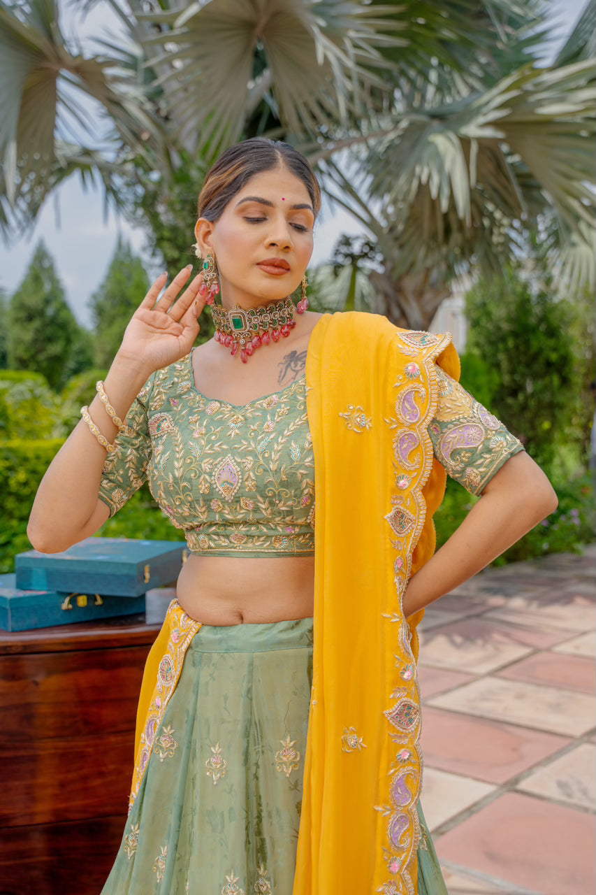 Olive Mustard Tissue Jacquard Lehenga with Zardozi Sequins Work