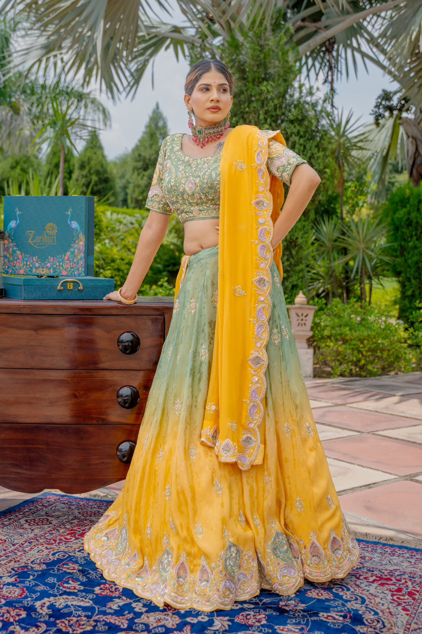 Olive Mustard Tissue Jacquard Lehenga with Zardozi Sequins Work