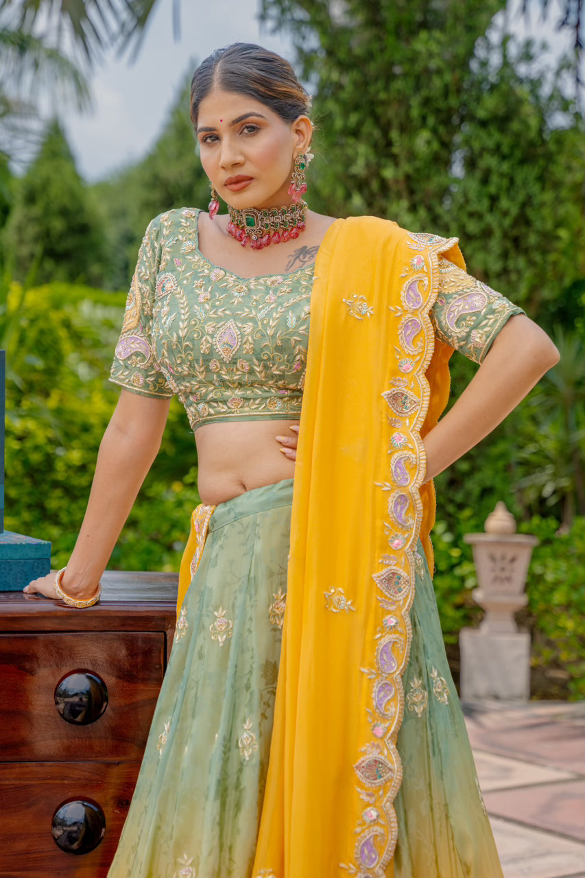 Olive Mustard Tissue Jacquard Lehenga with Zardozi Sequins Work