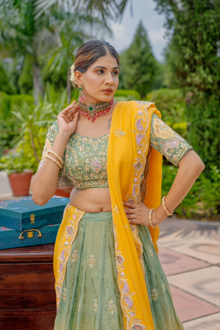 Olive Mustard Tissue Jacquard Lehenga with Zardozi Sequins Work