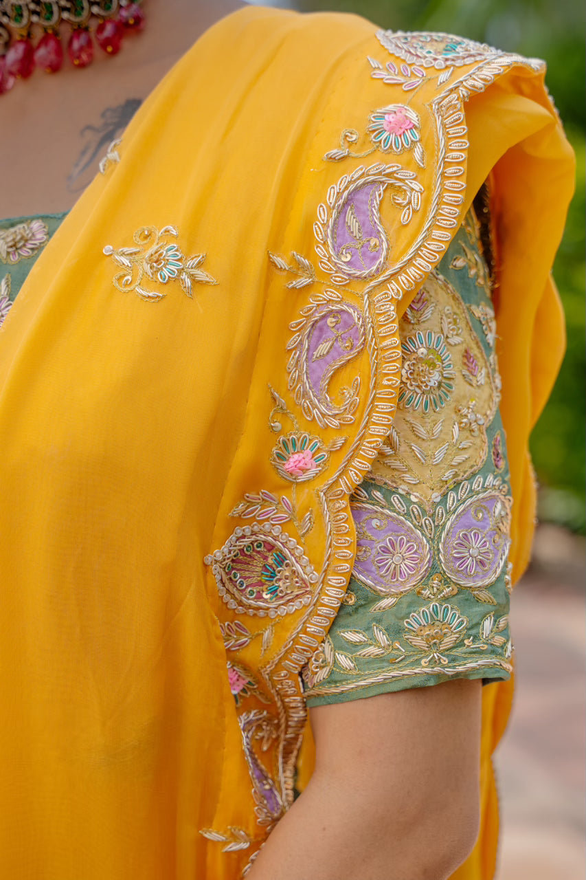 Olive Mustard Tissue Jacquard Lehenga with Zardozi Sequins Work