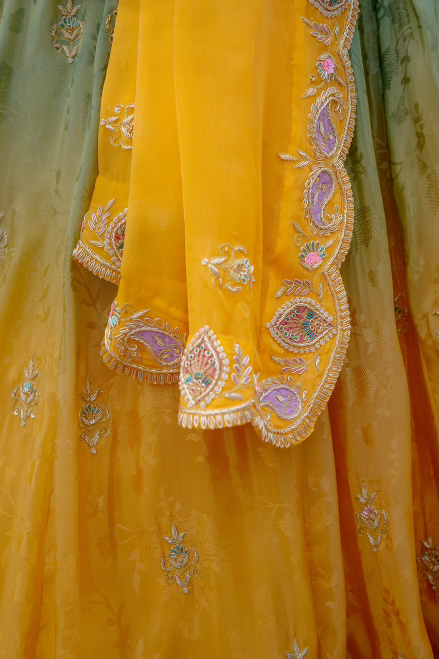 Olive Mustard Tissue Jacquard Lehenga with Zardozi Sequins Work