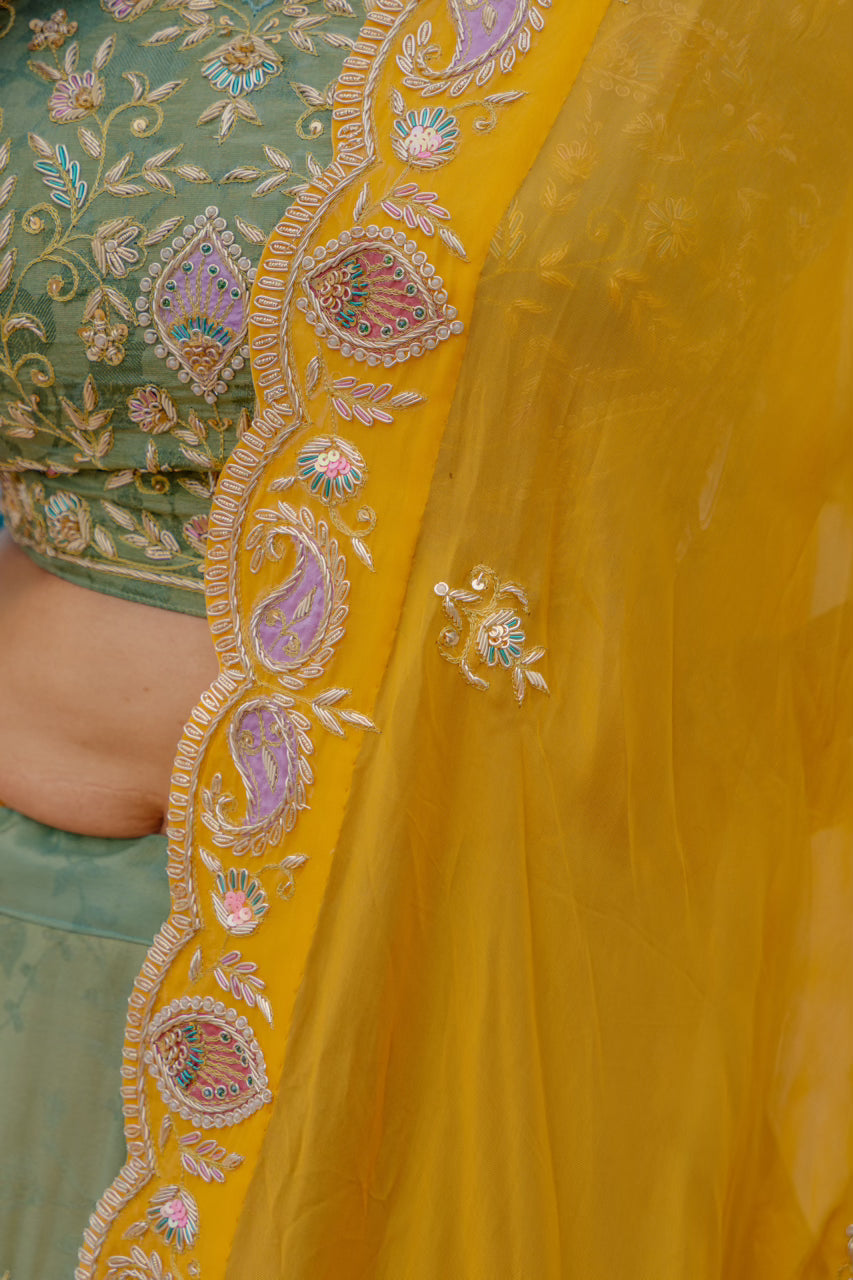Olive Mustard Tissue Jacquard Lehenga with Zardozi Sequins Work