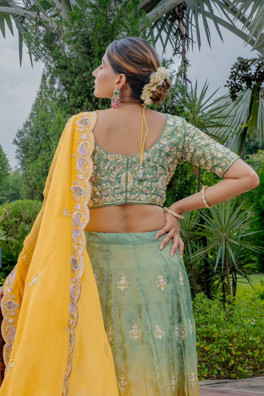Olive Mustard Tissue Jacquard Lehenga with Zardozi Sequins Work