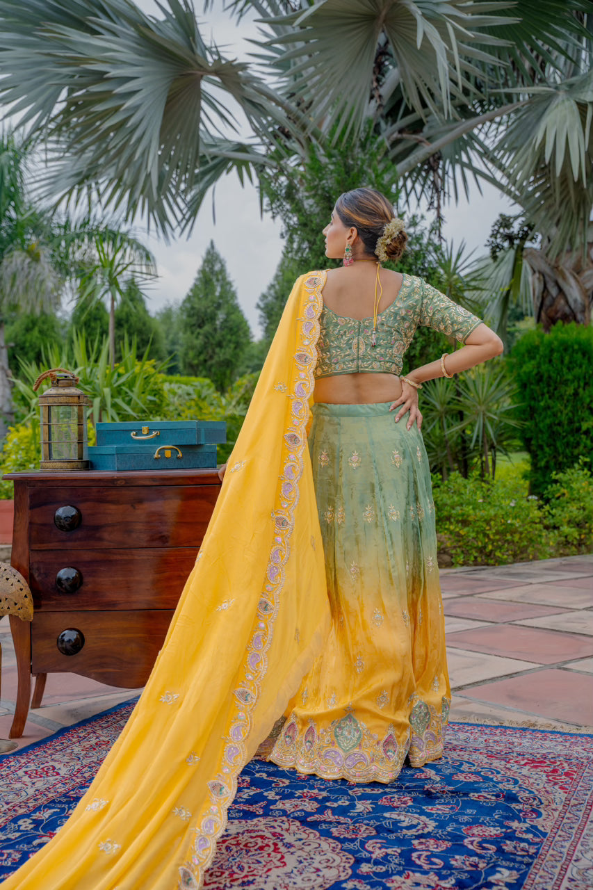 Olive Mustard Tissue Jacquard Lehenga with Zardozi Sequins Work
