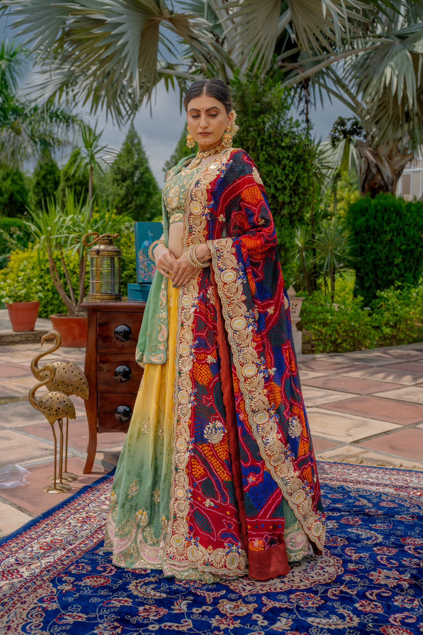 Maroon Pure Ojariya Bandhej Chunari with Zardozi Sequins Peacock Silk Coin Work