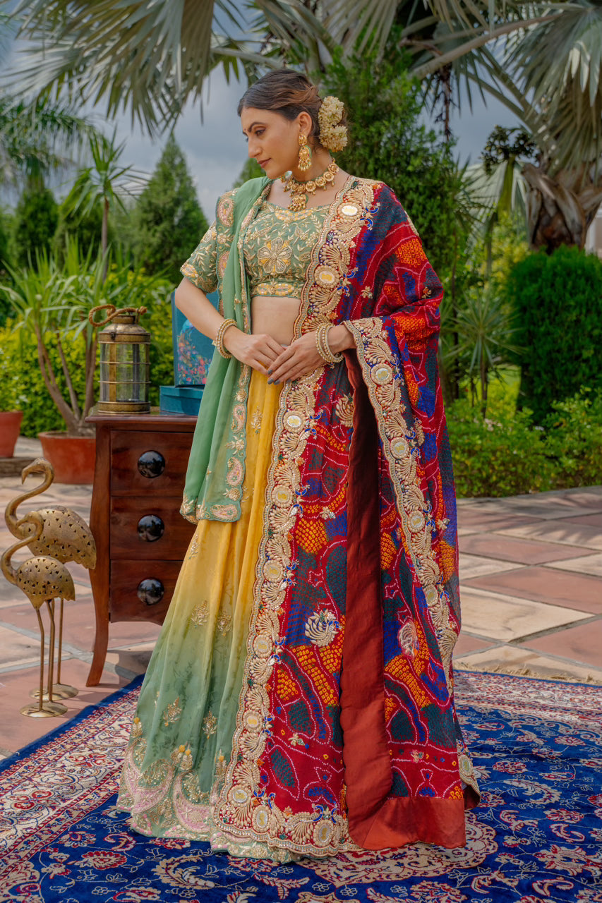 Maroon Pure Ojariya Bandhej Chunari with Zardozi Sequins Peacock Silk Coin Work