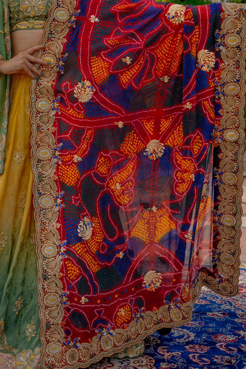 Maroon Pure Ojariya Bandhej Chunari with Zardozi Sequins Peacock Silk Coin Work