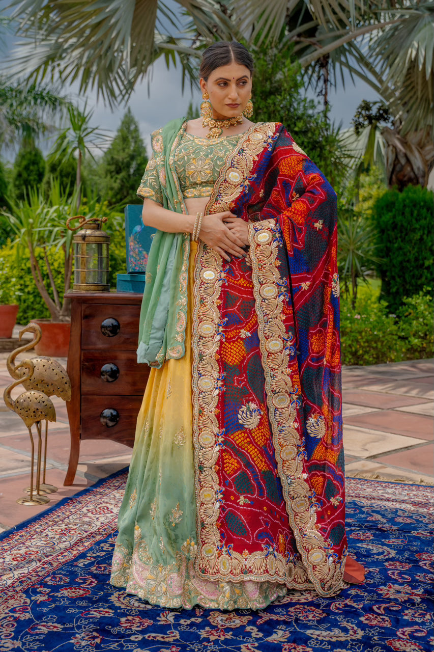 Maroon Pure Ojariya Bandhej Chunari with Zardozi Sequins Peacock Silk Coin Work