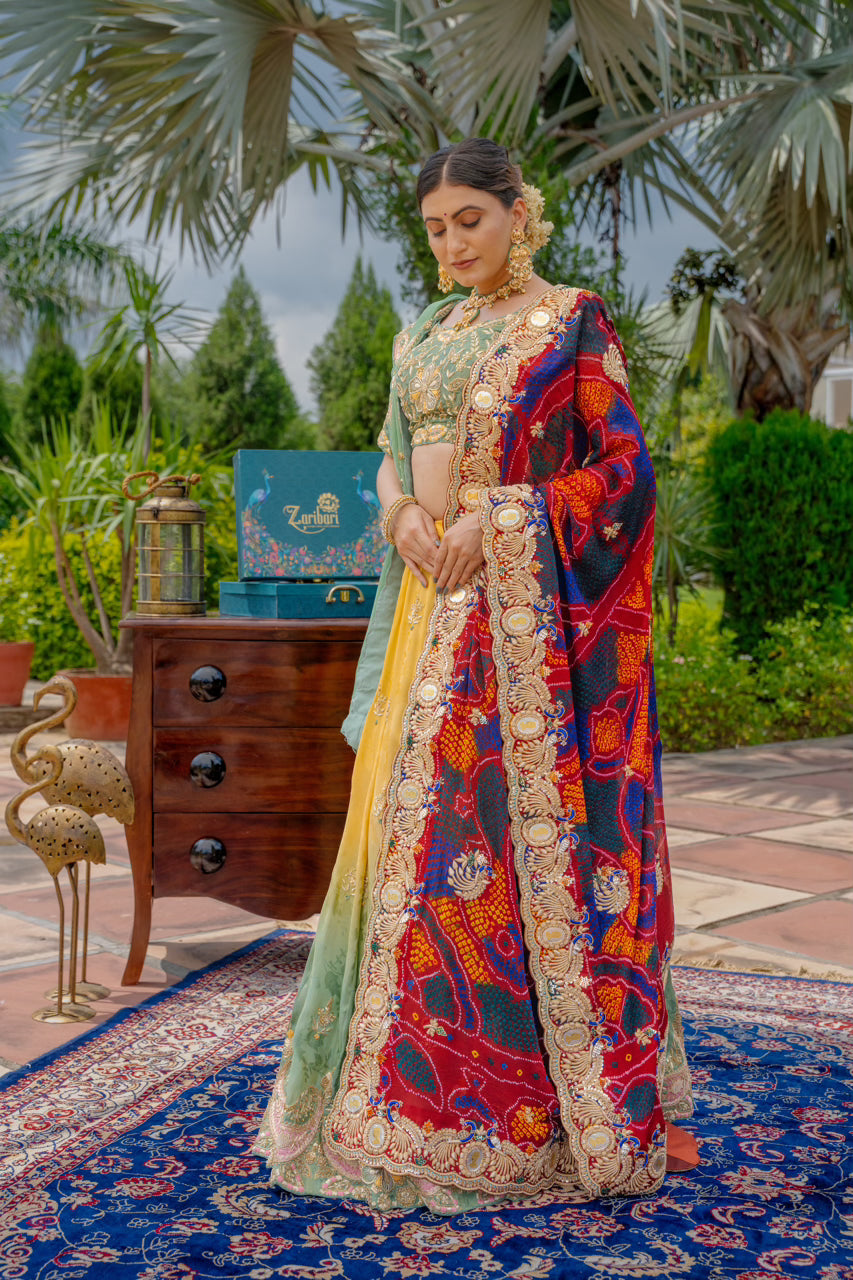 Maroon Pure Ojariya Bandhej Chunari with Zardozi Sequins Peacock Silk Coin Work