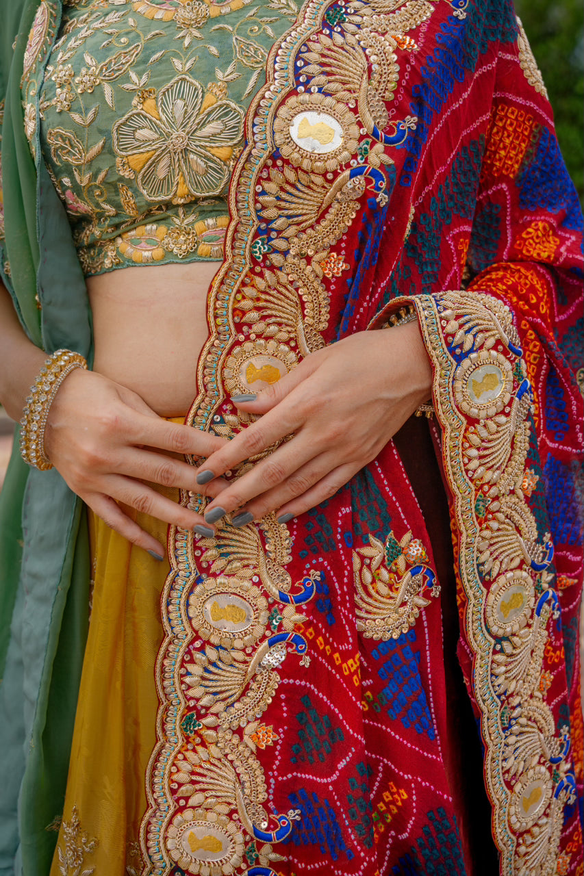 Maroon Pure Ojariya Bandhej Chunari with Zardozi Sequins Peacock Silk Coin Work