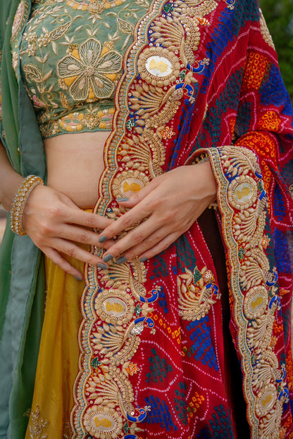 Maroon Pure Ojariya Bandhej Chunari with Zardozi Sequins Peacock Silk Coin Work