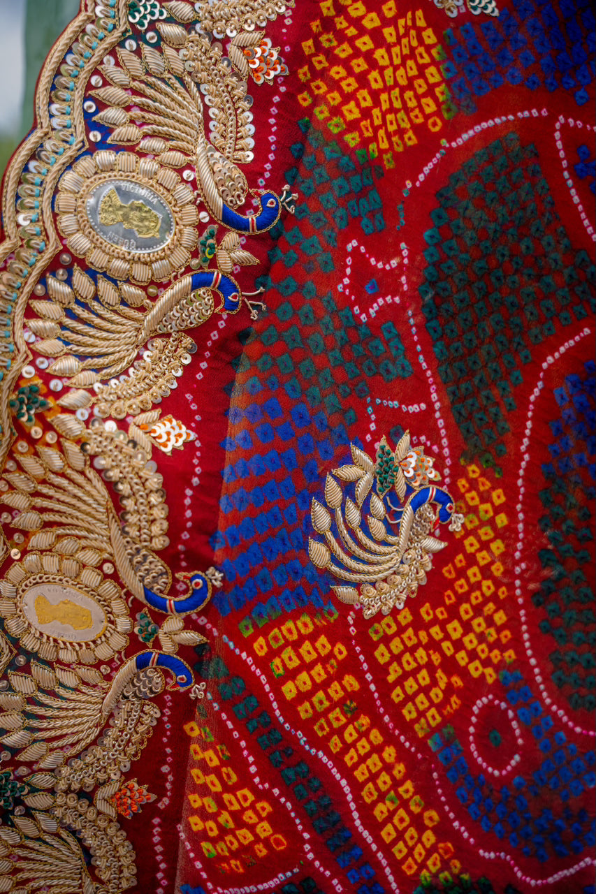 Maroon Pure Ojariya Bandhej Chunari with Zardozi Sequins Peacock Silk Coin Work