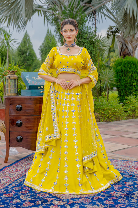 Neon Green Raw Silk Lehenga with Zardozi Mirron Thread Work