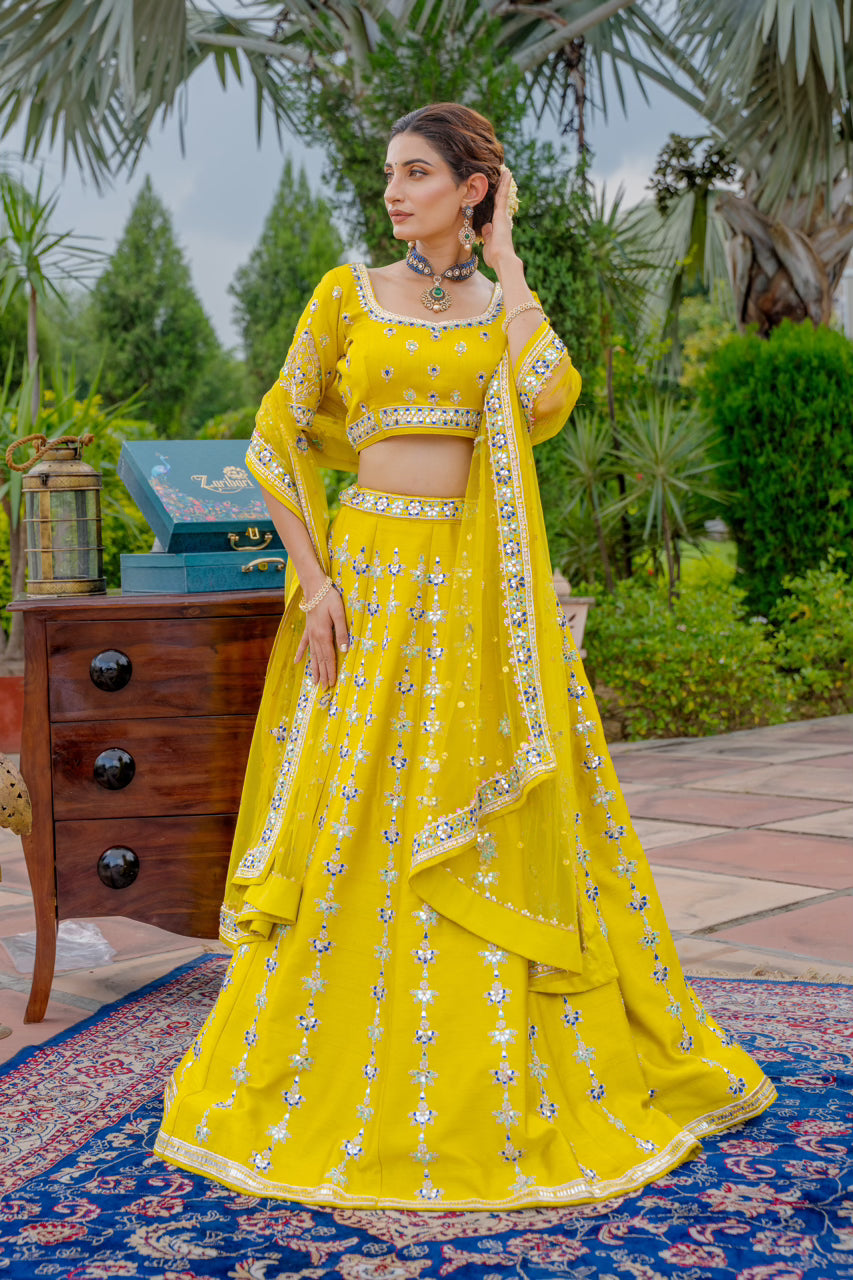 Neon Green Raw Silk Lehenga with Zardozi Mirron Thread Work