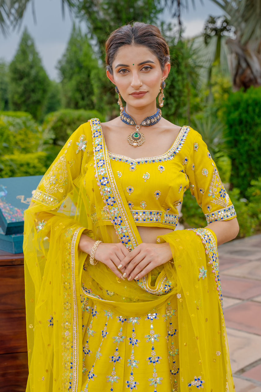 Neon Green Raw Silk Lehenga with Zardozi Mirron Thread Work