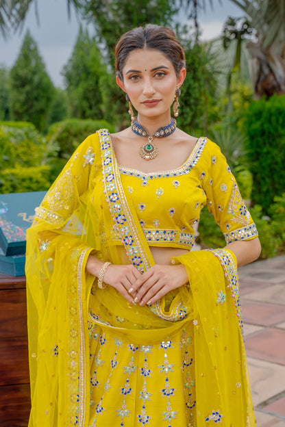 Neon Green Raw Silk Lehenga with Zardozi Mirron Thread Work