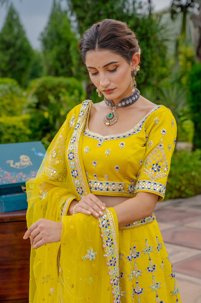 Neon Green Raw Silk Lehenga with Zardozi Mirron Thread Work