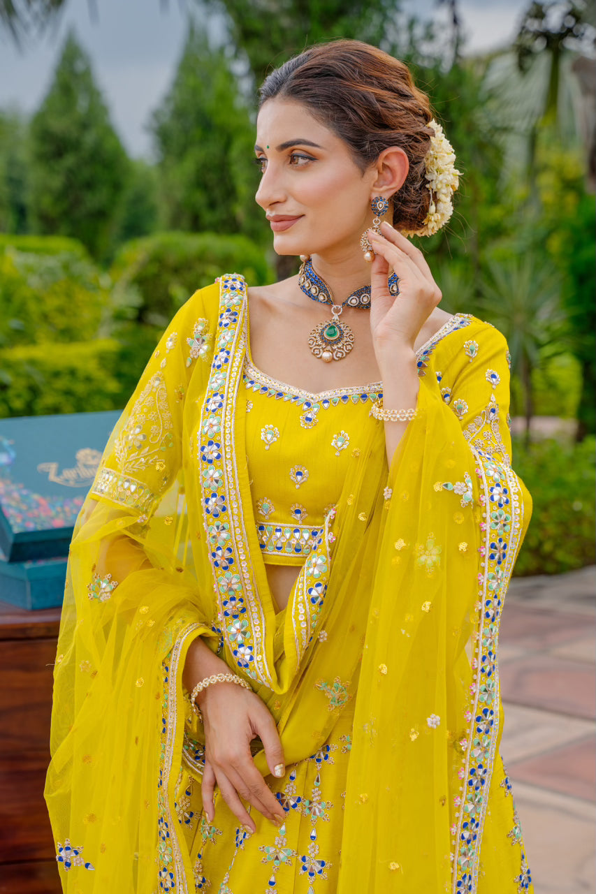 Neon Green Raw Silk Lehenga with Zardozi Mirron Thread Work