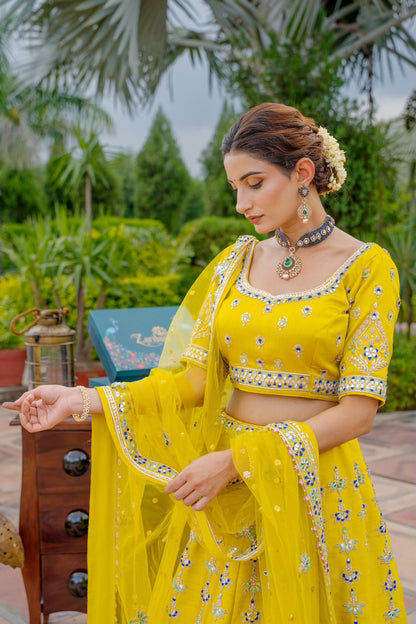 Neon Green Raw Silk Lehenga with Zardozi Mirron Thread Work