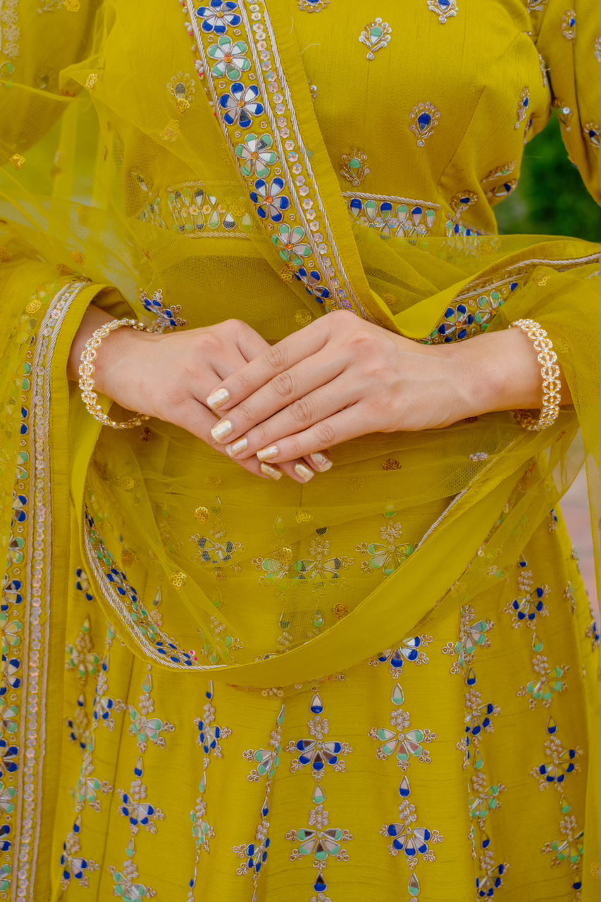 Neon Green Raw Silk Lehenga with Zardozi Mirron Thread Work