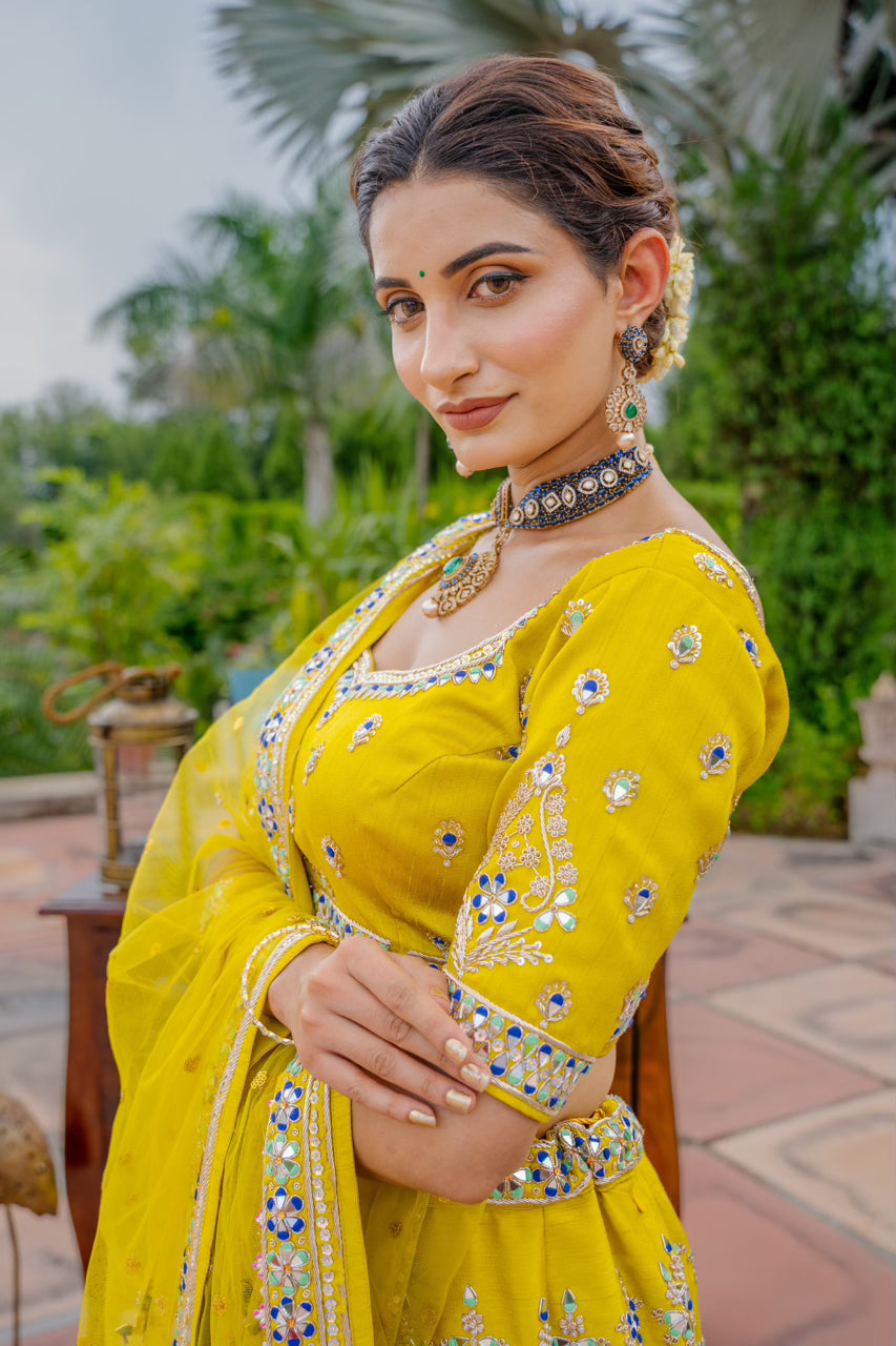 Neon Green Raw Silk Lehenga with Zardozi Mirron Thread Work