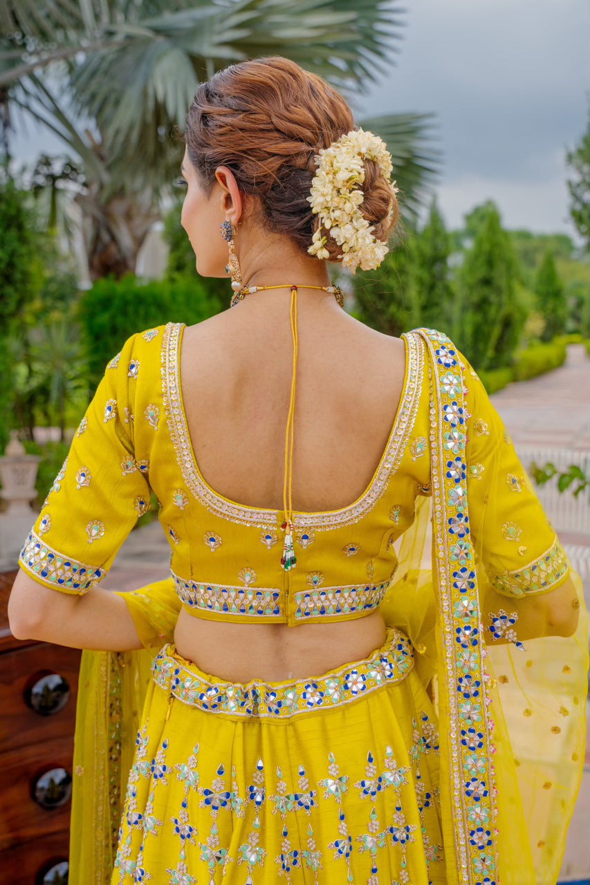 Neon Green Raw Silk Lehenga with Zardozi Mirron Thread Work