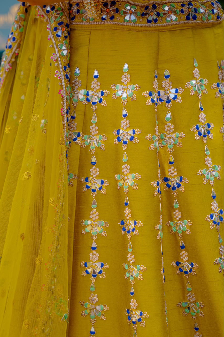 Neon Green Raw Silk Lehenga with Zardozi Mirron Thread Work