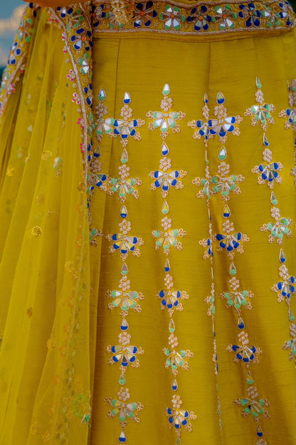 Neon Green Raw Silk Lehenga with Zardozi Mirron Thread Work